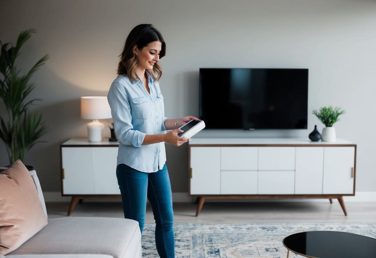 A woman carefully selects console tables for her modern living room considering size style and functionality